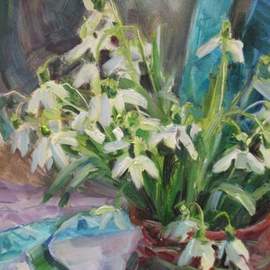 May include: Oil painting of a bouquet of white snowdrop flowers in a terracotta pot. The flowers have delicate white petals and green stems and leaves. The background features soft blues and greens.