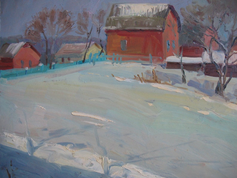 Winter landscape Ukrainian art Rural life Snowy fields \u0406mpressionism Winter mood Rural landscape Oil Artwork Plein air painting by N.Hramova