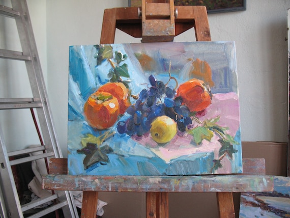 油画　静物　柿と壺 油画静物柿と壺