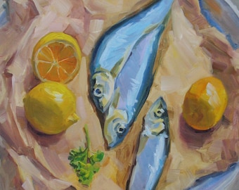 Fish and Lemons Oil Painting: Original Kitchen Seafood Art