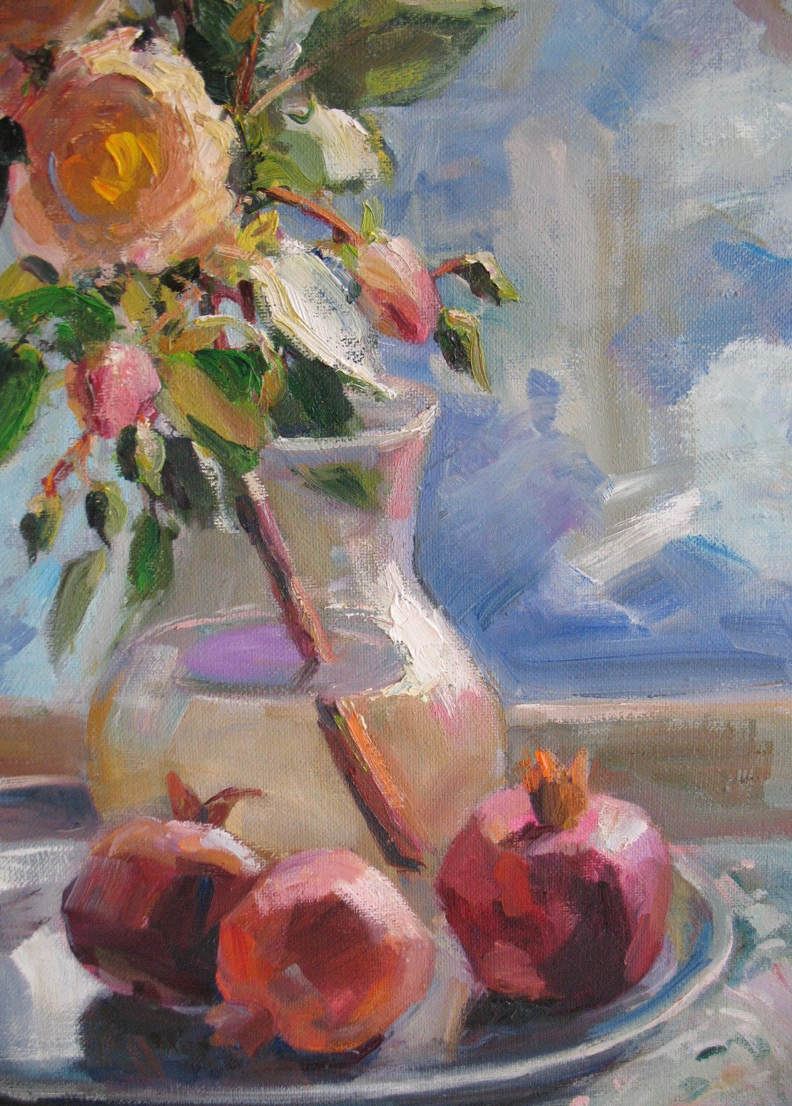 冬のバラの油絵：印象派の静物画（21.6x15.7インチ） - Etsy 日本