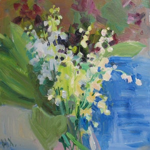 Maiglöckchen Original-Ölgemälde an Bord, Frühlingsblumenmalerei, Kleines Geschenk für Sie, Blumenküchendekor, Botanische Kunst, Wandkunst