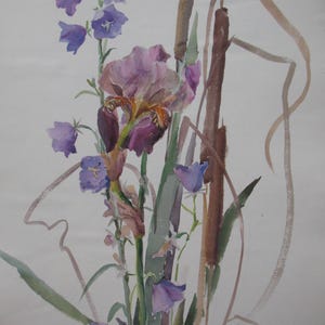 Original watercolor painting on paper, Purple iris and bluebells, Floral watercolor art, Watercolor wall decor, Gift for Her by N.Hramova