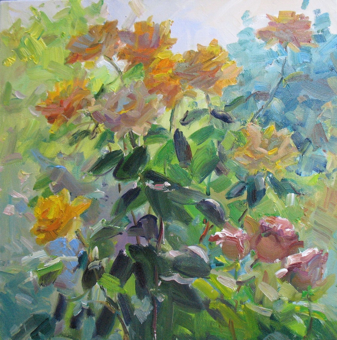 クリーム色のバラの油絵：花の庭のアート、40 x 40 cm - Etsy 日本
