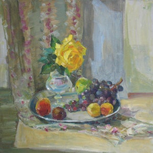 Rosa amarilla, Bodegón de otoño, Arte ucraniano, Rosa y frutas, Regalo original para ella, Decoración del hogar, Pintura al óleo a bordo de N.Hramova