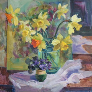 Frühlingsblumen, Gelbe Narzissen original Öl-Leinwand Gemälde, Blumen in einer Vase, Botanische Wohnkultur, Frühlingsgeschenk für Sie von N.Hramova