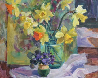 Daffodils Oil Painting: Spring Floral Still Life, Botanical Decor