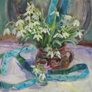 May include: An oil painting of a still life featuring a bouquet of white snowdrop flowers in a brown ceramic pot. A smaller glass holds a few snowdrops and a pink flower. A turquoise ribbon is draped across a white surface.