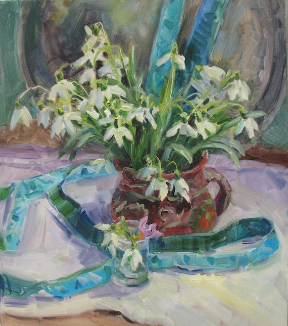 White snowdrops original oil canvas painting, Spring gift for Mom, Ukrainian art, Early spring flowers, Spring home decor, Snowdrops artwork