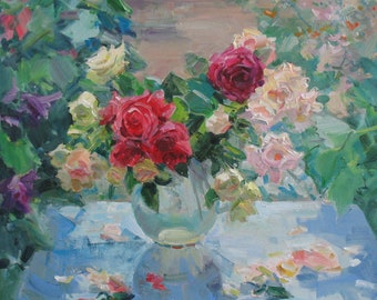 Red and Pink Roses Oil Painting on Canvas: Floral Garden Artwork, 55x55 cm