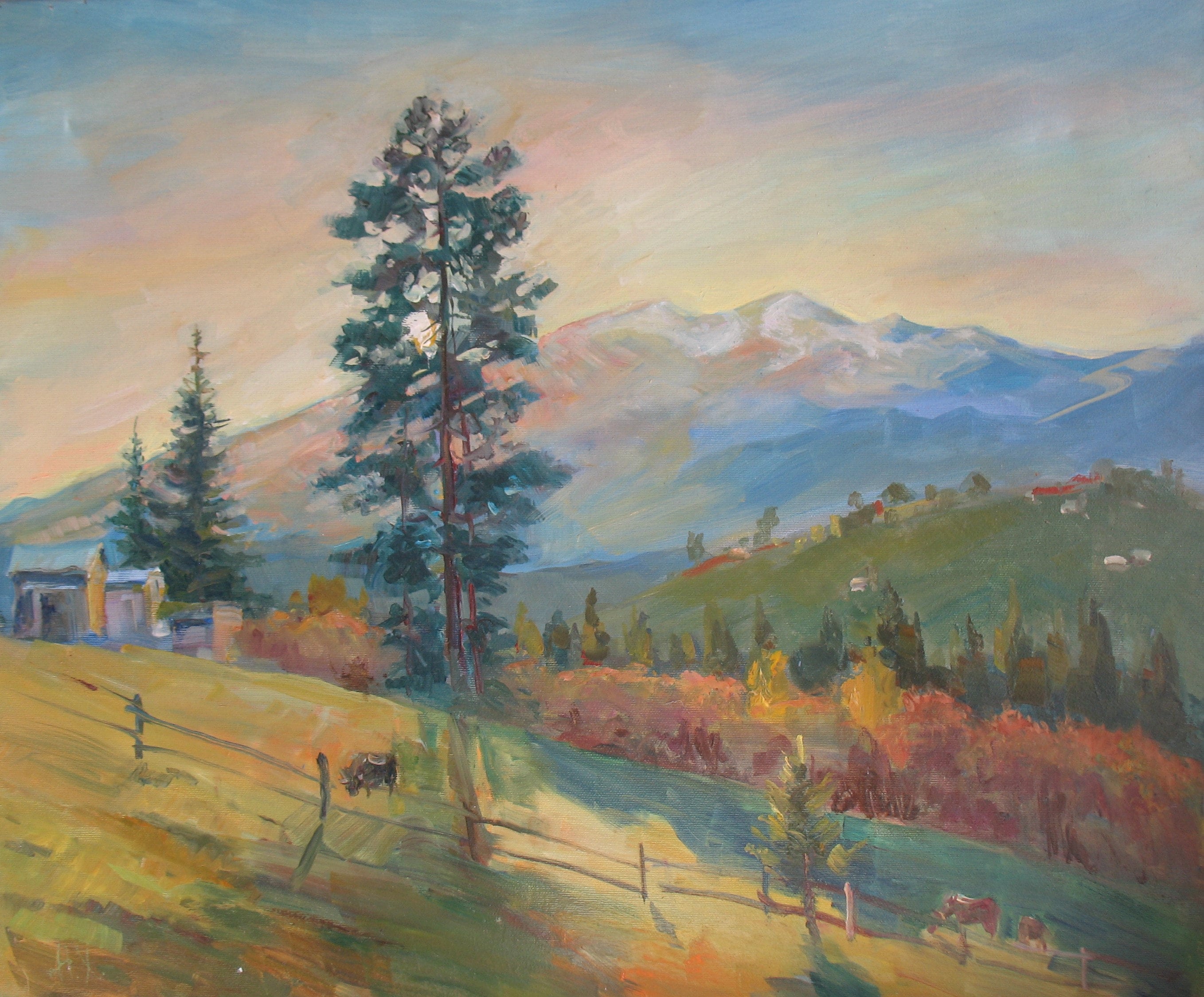 Golden Trees Impressionism Original Oil Canvas Painting byN.Hramova Carpathian Mountains Blue peaks Colourful painting Аutumn Landscape