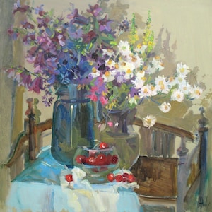 Pintura al óleo sobre tabla de margaritas y campanillas, bodegón de verano, decoración de sala de estar, decoración de pared floral, arte impresionista de N. Hramova