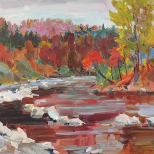 Paisaje de río, otoño dorado, pintura colorida, regalo de cumpleaños, arte ucraniano, pintura al óleo sobre tabla, obra de arte al aire libre de N. Hramova