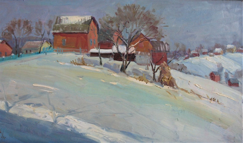 Winter landscape Ukrainian art Rural life Snowy fields \u0406mpressionism Winter mood Rural landscape Oil Artwork Plein air painting by N.Hramova