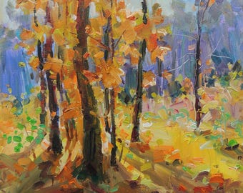 May include: An oil painting depicts a sunlit forest scene. Tall, slender tree trunks are painted in shades of brown and black, with vibrant orange and yellow leaves. The ground is covered in fallen leaves, with hints of green.