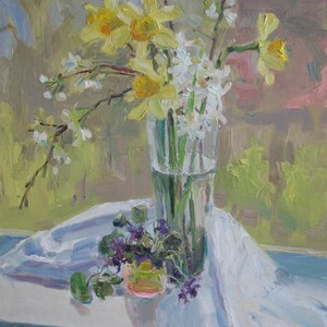 Pintura al óleo original de narcisos amarillos sobre tabla de, Flores de principios de primavera, Decoración floral de cocina, Regalo de primavera para mamá, Arte botánico N.Hramova