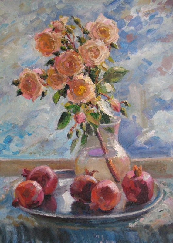 冬のバラの油絵：印象派の静物画（21.6x15.7インチ） - Etsy 日本