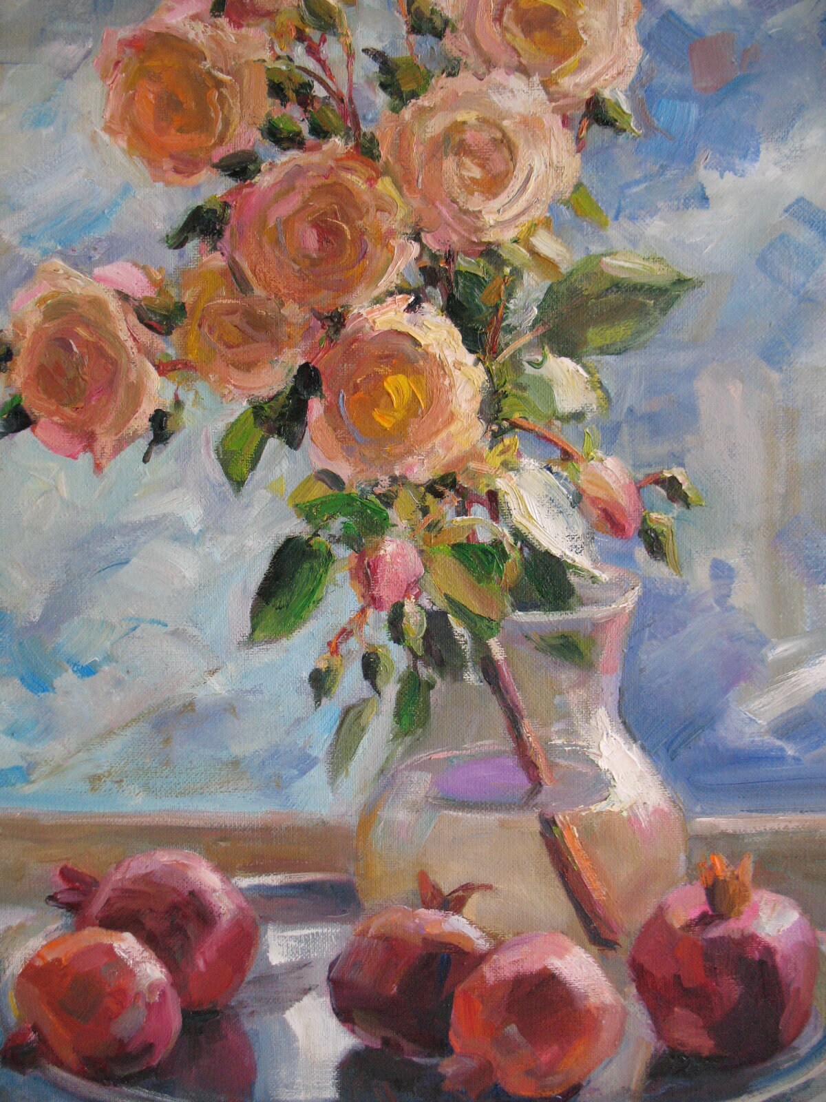冬のバラの油絵：印象派の静物画（21.6x15.7インチ） - Etsy 日本