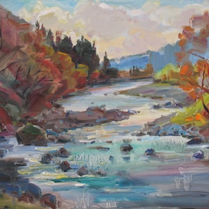 Paisaje fluvial, estado de ánimo otoñal, pintura colorida, regalo de cumpleaños, arte ucraniano, pintura al óleo a bordo, obra de arte Plein Air de N.Hramova