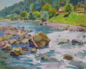 Original River Landscape Oil Painting, Ukrainian Art, 40x40 cm
