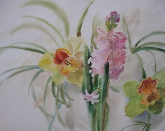 オリジナルピンクのヒヤシンスの水彩画：植物イラストA5 - Etsy 日本