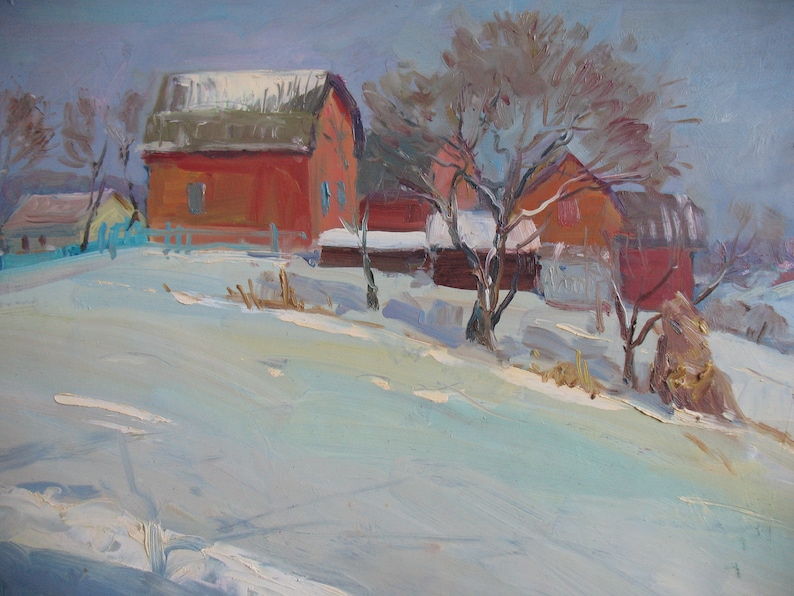 Winter landscape Ukrainian art Rural life Snowy fields \u0406mpressionism Winter mood Rural landscape Oil Artwork Plein air painting by N.Hramova