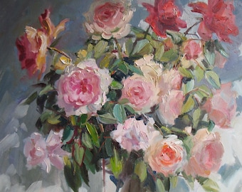 Original Rose Bouquet Oil Painting: Colorful Impressionism Art