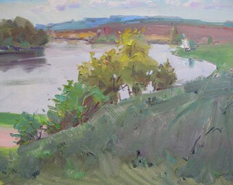 River painting, Green painting, Ukrainian landscape, Green trees, Іmpressionism, Home decor, Gift for Mom, Oil Artwork on panel by N.Hramova