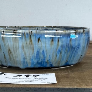 Pot à bonsaï ovale en grès émaillé bleu de 22,5 cm