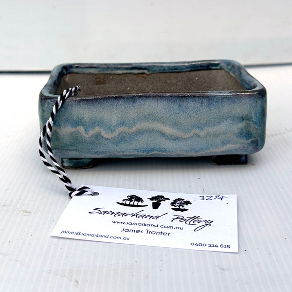 Rectangular 14cm Blue and White Glazed Stoneware Bonsai Pot