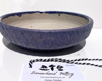Round 21cm Blue Glazed Stoneware Textured Finish Bonsai Pot