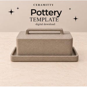 May include: A rectangular beige butter dish with a flat lid and a central handle. The text CERAMITTY Pottery TEMPLATE digital download is displayed above the object, accompanied by four small four-pointed star icons on a neutral background.