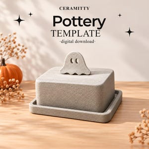 May include: A grey rectangular butter dish with a ghost-shaped handle on the lid. The text CERAMITTY Pottery TEMPLATE digital download is visible above the object. The dish has a textured, stone-like finish and sits on a flat base.