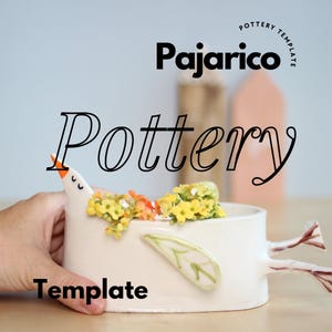 A promotional image of the white ceramic bird planter featuring the black text Pajarico Pottery Template.
