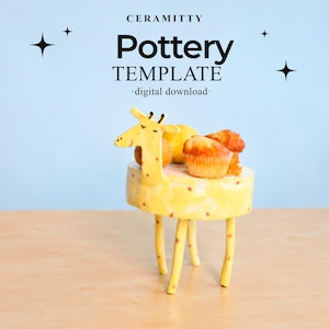 May include: A yellow ceramic giraffe-shaped stand with brown spots, featuring a flat top surface holding two muffins and a piece of fruit. The text CERAMITTY Pottery TEMPLATE digital download is displayed above the object with four black star icons.