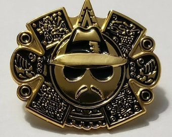 Chicano Aztec Calendar Lowrider Man Hat Fedora Vintage Bronze Button Badge Pin