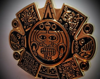 Chicano Biker Lowrider Hat Fedora Vintage Gold Aztec Sun God Button Badge Pin