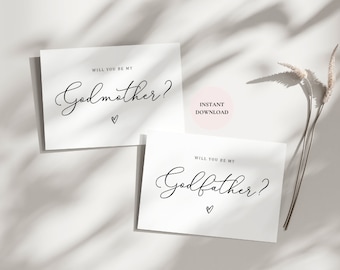 May include: Two white cards with elegant calligraphy reading "Will You Be My Godmother?" and "Will You Be My Godfather?" with a heart symbol. A pink circle with "Instant Download" is also visible.