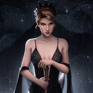 May include: Digital art of a woman in a black dress, holding a sword. She wears a crown and stands against a starry night backdrop. The dress has a decorative pattern. The artist's name, Gabrielle Ragusi, is at the bottom.