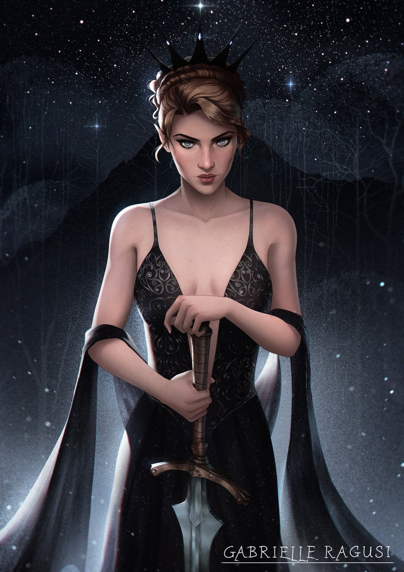 May include: Digital art of a woman in a black dress, holding a sword. She wears a crown and stands against a starry night backdrop. The dress has a decorative pattern. The artist's name, Gabrielle Ragusi, is at the bottom.