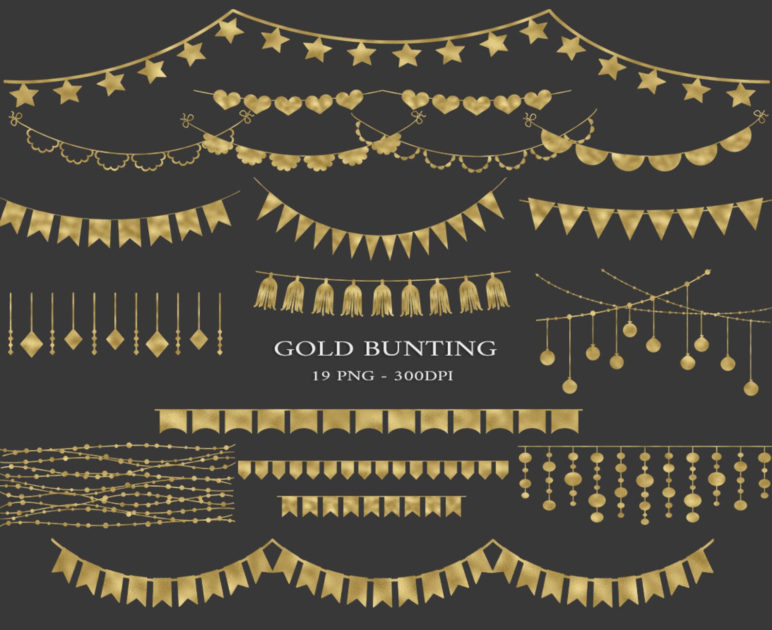 Gold Foil Bunting Garland Banner Clipart Overlays Digital Etsy