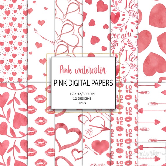 Pink Watercolor Hearts Pattern Digital Paper Cute Romantic Etsy