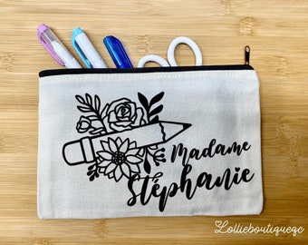 Trousse personnalisée pour professeur / Étui à crayons / Cadeaux pour professeurs / pochette coton / prénom personnalisé