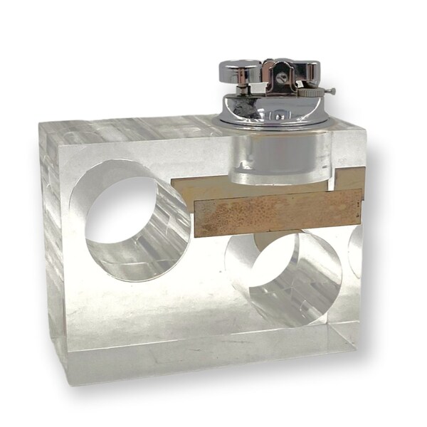 Clear Lucite and brass cubist table lighter, Italy 1970s