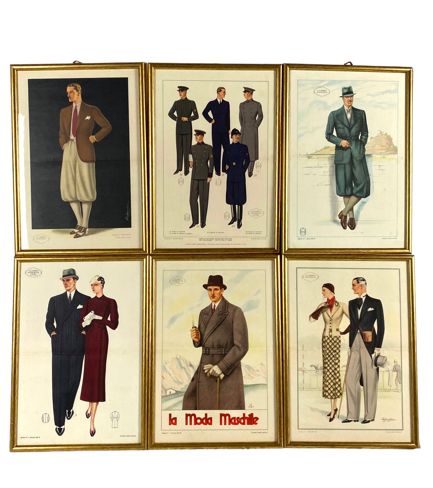 1930年代のヴィンテージイタリアメンズファッションイラスト、額入り6
