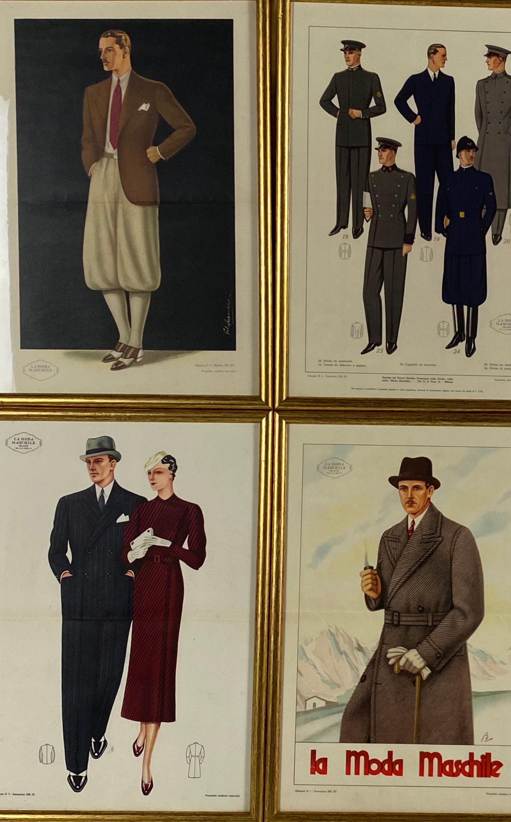 Vintage 1930s Italian Men's Fashion Illustrations, Framed Set of 6