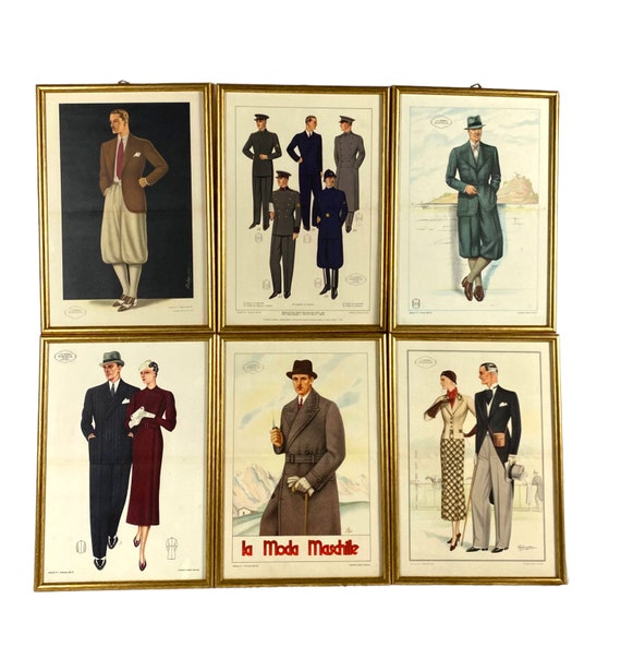 1930年代のヴィンテージイタリアメンズファッションイラスト、額入り6