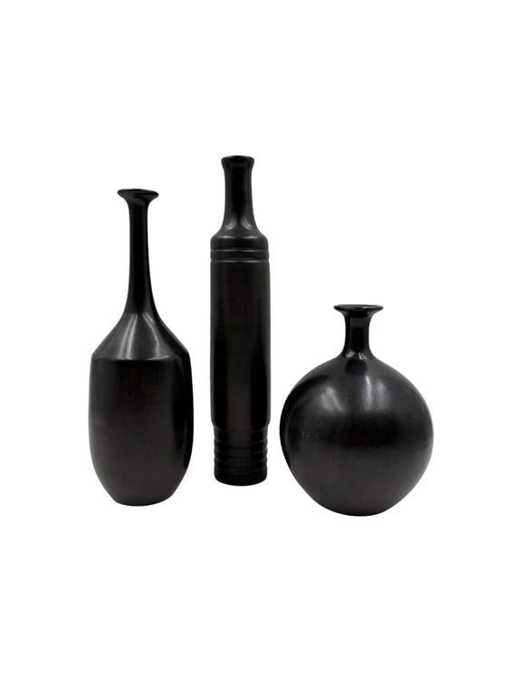 Mid-century Set of 3 Black Bucchero Ceramic Vases, Sebastiani