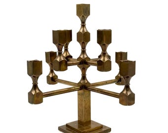 Modern solid brass sculptural 9 lights candelabra, Lars Bergsten, Gusum Sweden 1992