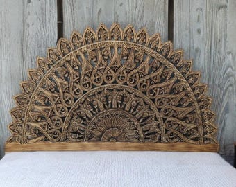 King Size Wooden Circular Half Moon Fully Carved Bed Headboard